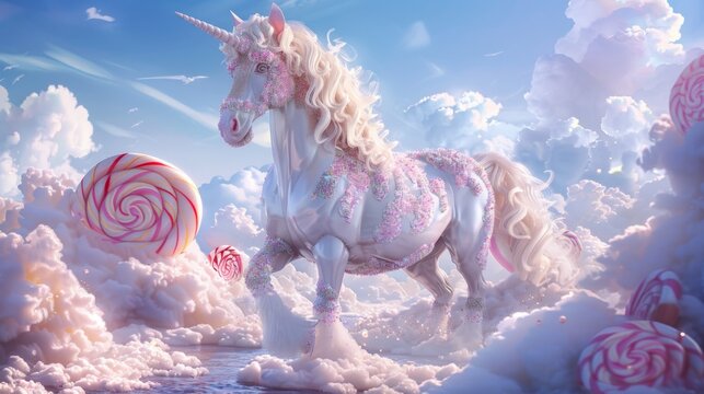 Magical unicorn encounter fantasy land digital art whimsical clouds dreamlike view enchanted imagination experience