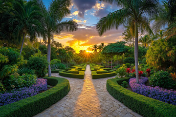 Fototapeta premium A walkway in the middle of a lush green garden at sunset