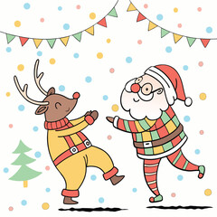 Santa wears a colorful shirt and reindeer wearing Santa suits dancing together There are many colors of snow falling.