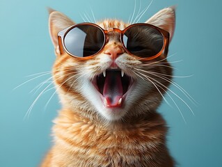A cat wearing glasses with its mouth open showing its fangs and rough tongue gives off a funny and cute vibe, perfect for use in funny memes or social media posts promoting relaxation.