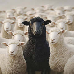 Fototapeta premium The Black Sheep In The Herd Of White Sheep, Concept for being special and extra outstanding 