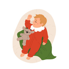 Baby first Christmas vector card with newborn baby sleeping in basket. Winter holiday cute baby in red costume illustration isolated element for greeting card. Merry Christmas, Happy New Year poster