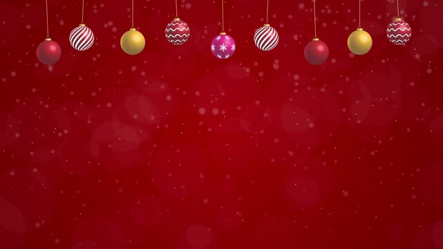 Red christmas background with baubles and falling snow. Christmas and new year templete with copy space.