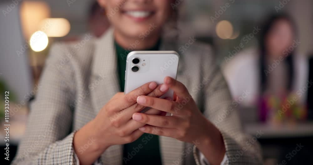 Leinwandbilder design, hands and phone with designer woman in office at night for social media programming. app dev