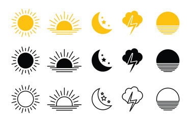 Weather flat icons set. Parts of the Day Morning, Afternoon, Noon, Evening ,Night Icons. Sunset and Night Icons, Simple glyph silhouette signs for web.