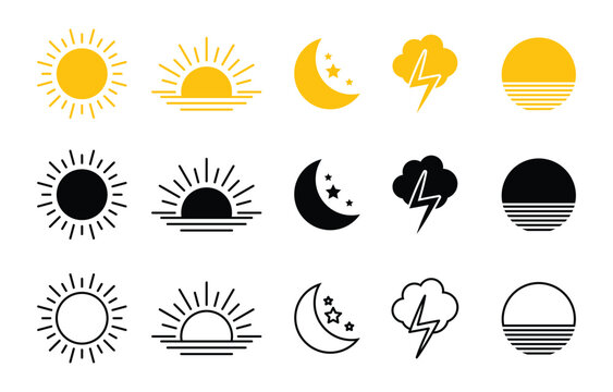 Weather flat icons set. Parts of the Day Morning, Afternoon, Noon, Evening ,Night Icons. Sunset and Night Icons, Simple glyph silhouette signs for web.