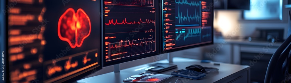 Poster A modern workstation featuring multiple monitors displaying complex data and visualizations