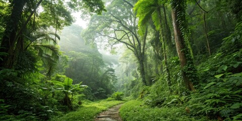 Fototapeta premium Misty Jungle Path A Serene Stone Walkway Through Lush, Verdant Foliage