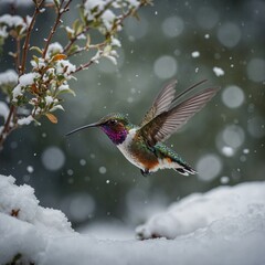 "Create an image of a vibrant hummingbird in mid-flight, hovering near a colorful flower. The bird has iridescent green and blue feathers that shimmer in the sunlight.