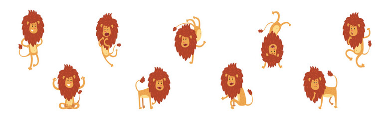 Funny Lion Animal with Majestic Mane in Different Pose Vector Set