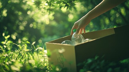 A woman's hand places a plastic bottle in a cardboard box for recycling, with a green forest and grass background, representing the concept of World Environment Day.