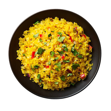Top view of a delicious looking poha on a dark plate isolated on a white transparent background