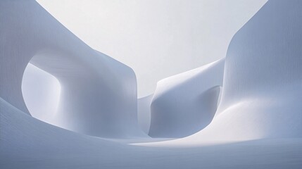 Abstract white organic shapes, smooth curves, light and shadow interplay, creating a minimalist, futuristic, cavernous interior space. Generative ai