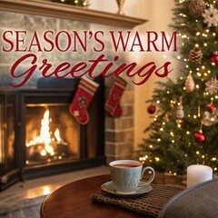 The text SEASON'S WARM GREETINGS in elegant red script overlaying a scene of a glowing fireplace