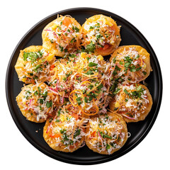 Top view of a delicious looking sev puri on a dark platter isolated on a white transparent background