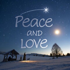 Naklejka premium The words PEACE AND LOVE written in shimmering silver script across a serene night sky