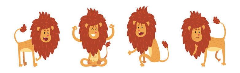 Funny Lion Animal with Majestic Mane in Different Pose Vector Set