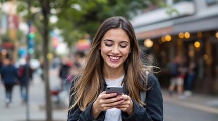 hyper-realistic, vibrant cityscape, happy young girl holding a smartphone, sunlight reflecting off buildings, dynamic and joyful atmosphere