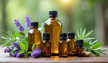An assortment of essential oil bottles with fresh plants from which they're derived, like lavender, peppermint, and rosemary, arranged on a wooden surface. Generative AI 
