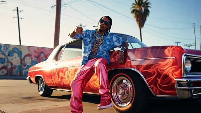 Rapper rapping on a classic low rider car