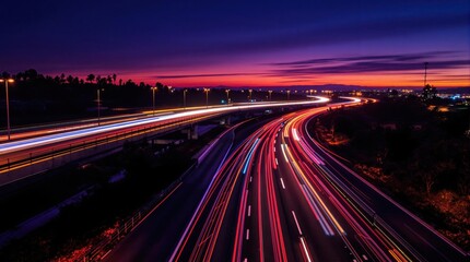 Ultra-realistic photograph of a futuristic highway at night, glowing with vibrant neon lights and streaks of colorful motion trails, surrounded by a dark urban skyline
