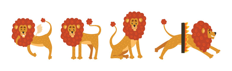 Funny Lion Animal with Majestic Mane in Different Pose Vector Set