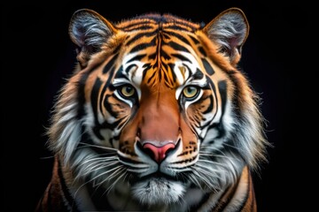 Fototapeta premium Majestic Tiger Portrait, Dark Background, Wildlife Photography, Big Cat, Animal Portrait, Stunning Image, Wild Animal