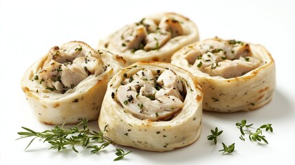 Pancake rolls with a filling of pieces of boiled chicken on a white background, isolated