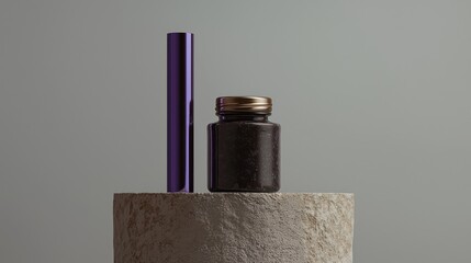 Lavender tube and bronze jar placed on a sandstone pedestal with minimalist gray backdrop.
