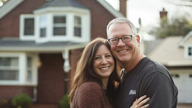 Happy new homeowner couple smiling in front of a house