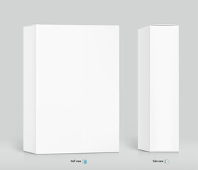 Naklejka premium Realistic white closed paperboard box mockup. Half and side views. Vector illustration isolated on grey background. Taking your 2D designs into 3D. Can be use for medicine, food, cosmetic. EPS10.