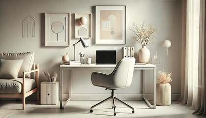 A modern home office setup featuring a desk, chair, and decorative items, all using soft tones for a cozy and stylish workspace