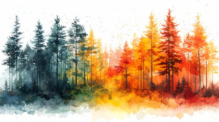 A vibrant watercolor depiction of a forest transitioning from dark hues to bright autumn colors, showcasing the beauty of nature's seasonal change.