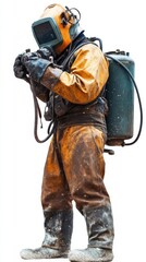 An underwater welder inspecting a repair with precision, standing ready on a white background