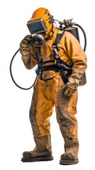 An underwater welder inspecting a repair with precision, standing ready on a white background