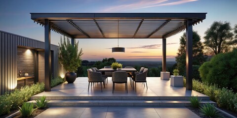 Fototapeta premium Minimalist Patio with Pergola and Black Dining Set in Suburban Setting - Low Light Photography for Tranquil Outdoor Living Spaces
