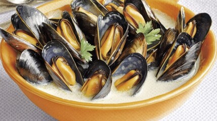 A bowl of mussels in a creamy sauce, garnished with herbs.