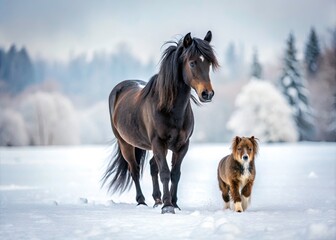 Minimalist Winter Scene: Black Pony & Dog Walking, Snowy Landscape, Cold Weather, Equestrian Photography