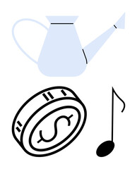 Household watering can watering a dollar coin with musical note nearby. Ideal for investment growth. Suitable for finance, gardening, budget management, household chores, music, and productivity