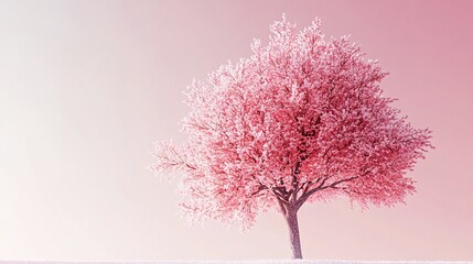 Obraz premium Pink tree covered in frost stands alone against a soft pink sky. Generative ai
