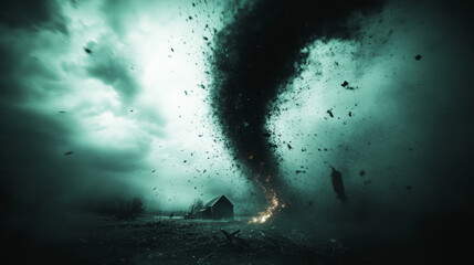 Fototapeta premium Powerful Tornado Approaches a Rural Farmhouse Amid Dark Storm Clouds and Flying Debris in a Dramatic Display of Nature's Fury