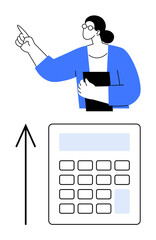 Businesswoman gesturing upward while holding a folder, large calculator with upward arrow. Ideal for financial analysis, business growth, accounting services, financial planning, corporate training