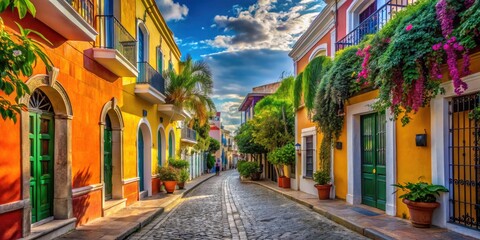 Fototapeta premium Narrow Clean Streets of Santo Domingo: A Vibrant Caribbean Escape with Colonial Architecture and Lush Greenery