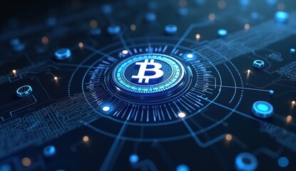 Bitcoin blockchain cryptocurrency mining technology, digital background wallpaper banner. Generative Ai,
