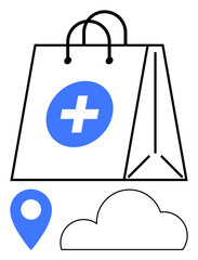 Shopping bag with blue medical cross, blue location pin, and cloud icon. Ideal for online pharmacy, telemedicine, e-commerce healthcare, delivery services, digital health, medical logistics medical
