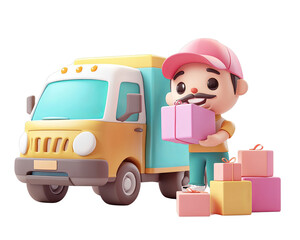 3D Cartoon-Style Delivery Truck Scene with Delivery Person Loading Colorful Boxes