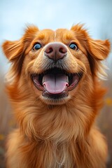 Fototapeta premium Happy dog looks funny Looking up at the sky with tongue out and mouth open on a light blue background. There is copy space. You can add interesting messages to attract the attention of pet lovers.