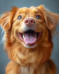 Happy dog looks funny Looking up at the sky with tongue out and mouth open on a light blue background. There is copy space. You can add interesting messages to attract the attention of pet lovers.