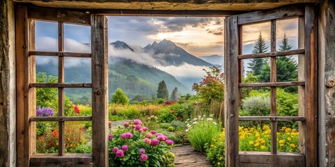 Fototapeta premium A Rustic Wooden Window Frame Reveals a Breathtaking Panorama of a Vibrant Garden and Misty Mountain Peaks at Sunrise