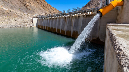 Water Flows From a Reservoir Through a Large Pipe Into a Tranquil Lake Surrounded by Mountainous Terrain Under Clear Blue Skies at Midday